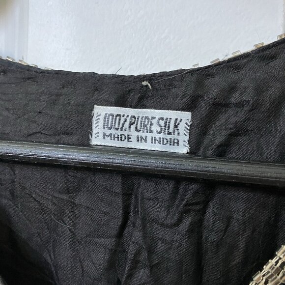 Vintage 100% Silk Sequin Beaded Butterfly Crop Top Y2K Cropped Black Silver - Picture 3 of 5